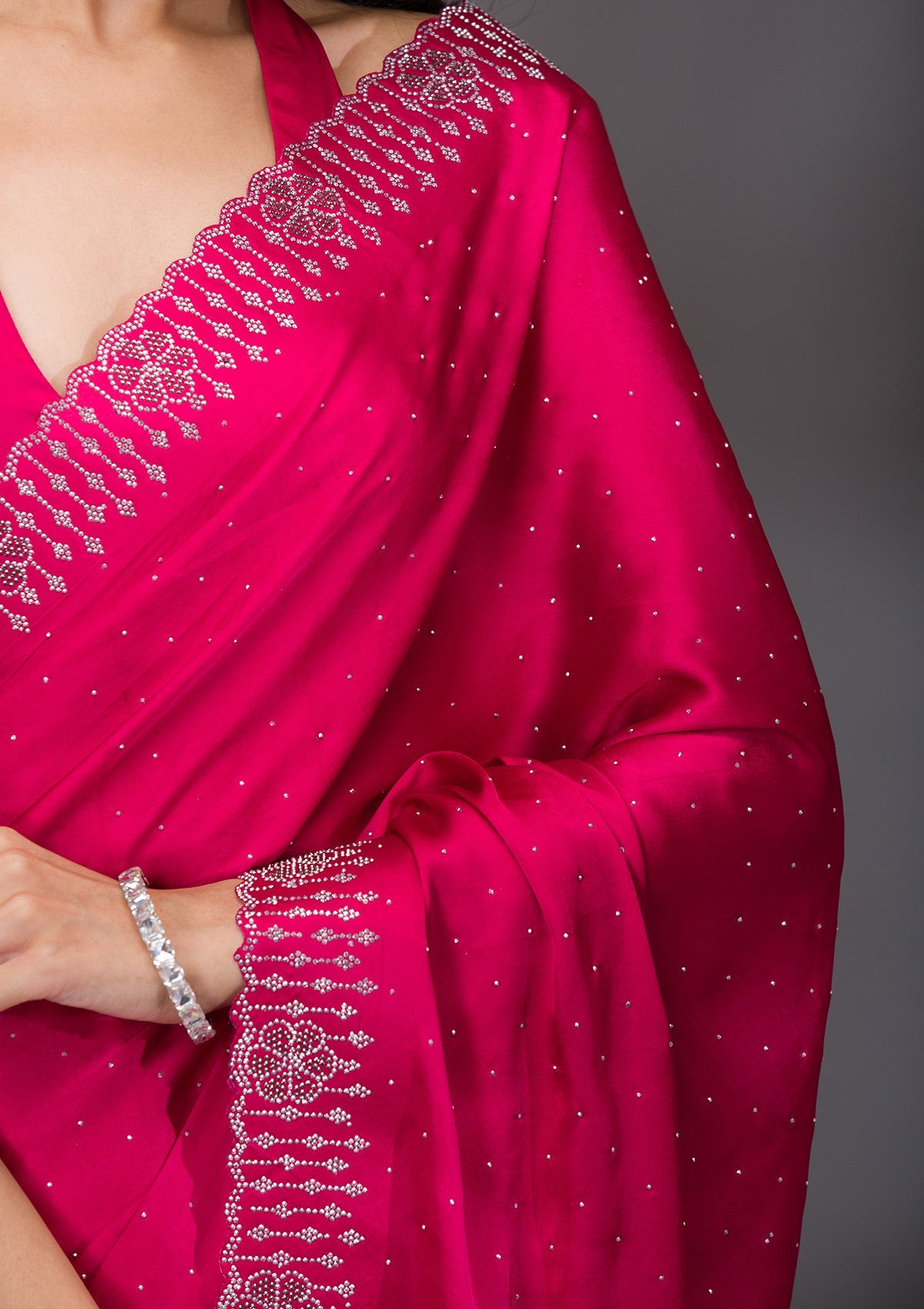 Rani Pink Swarovski Satin Saree-Koskii