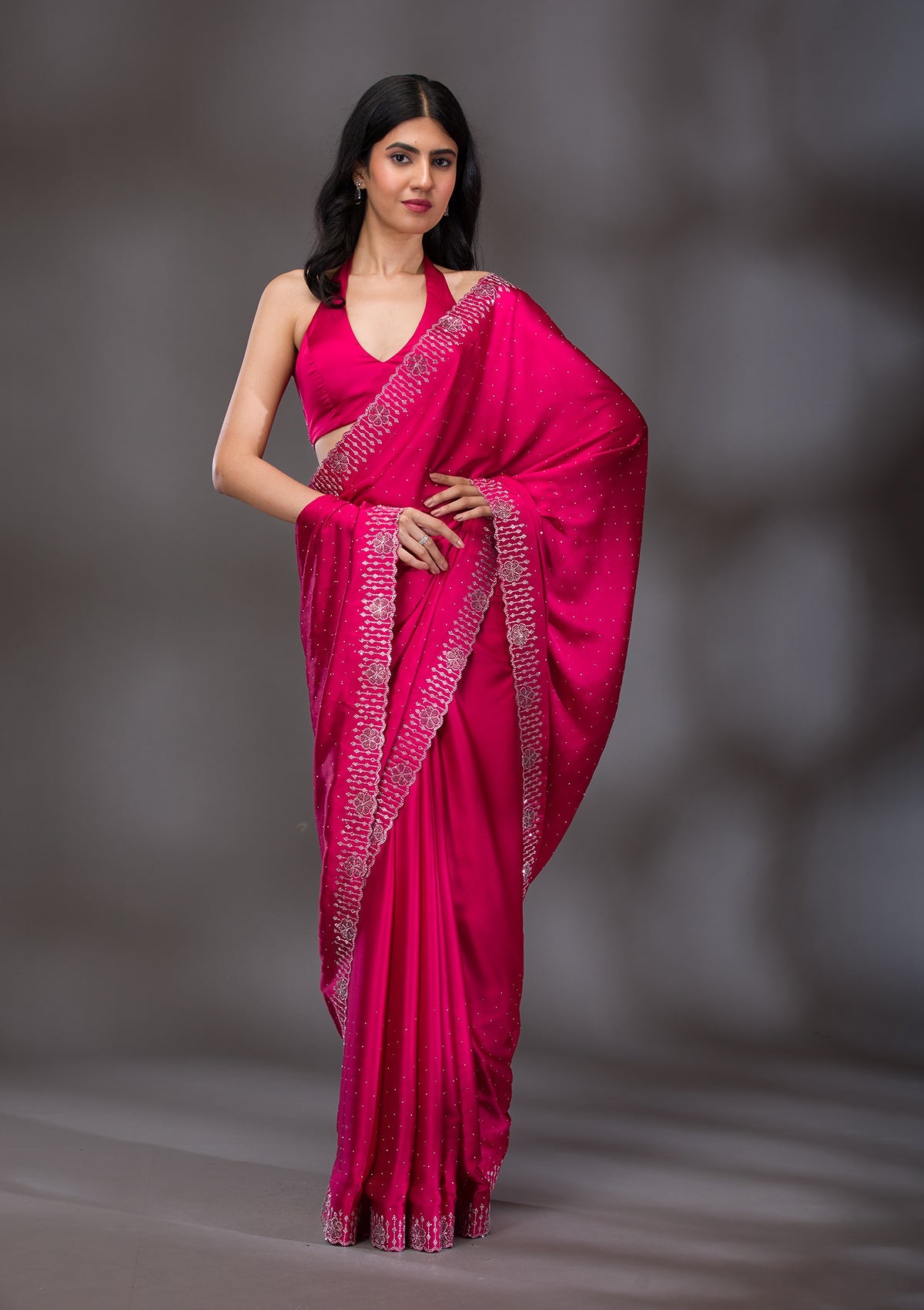 Rani Pink Swarovski Satin Saree-Koskii