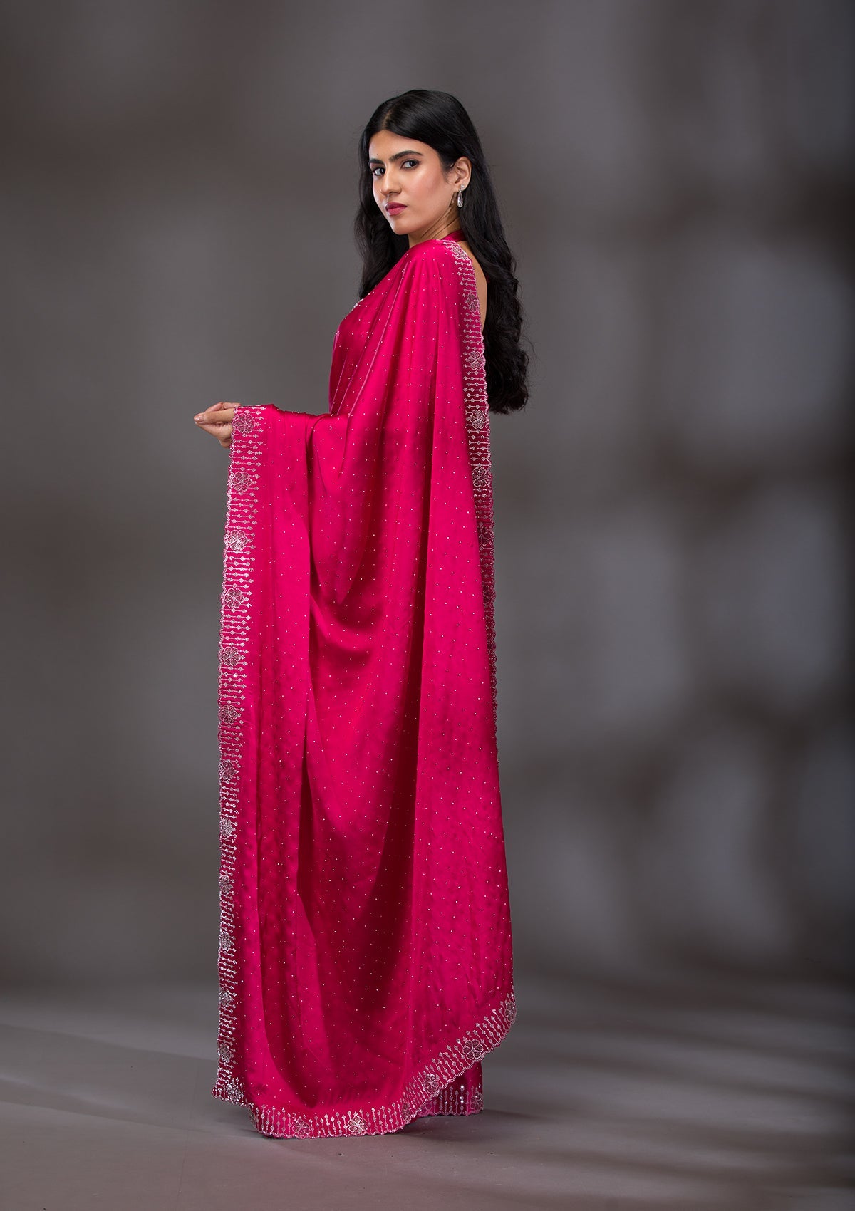 Rani Pink Swarovski Satin Saree-Koskii