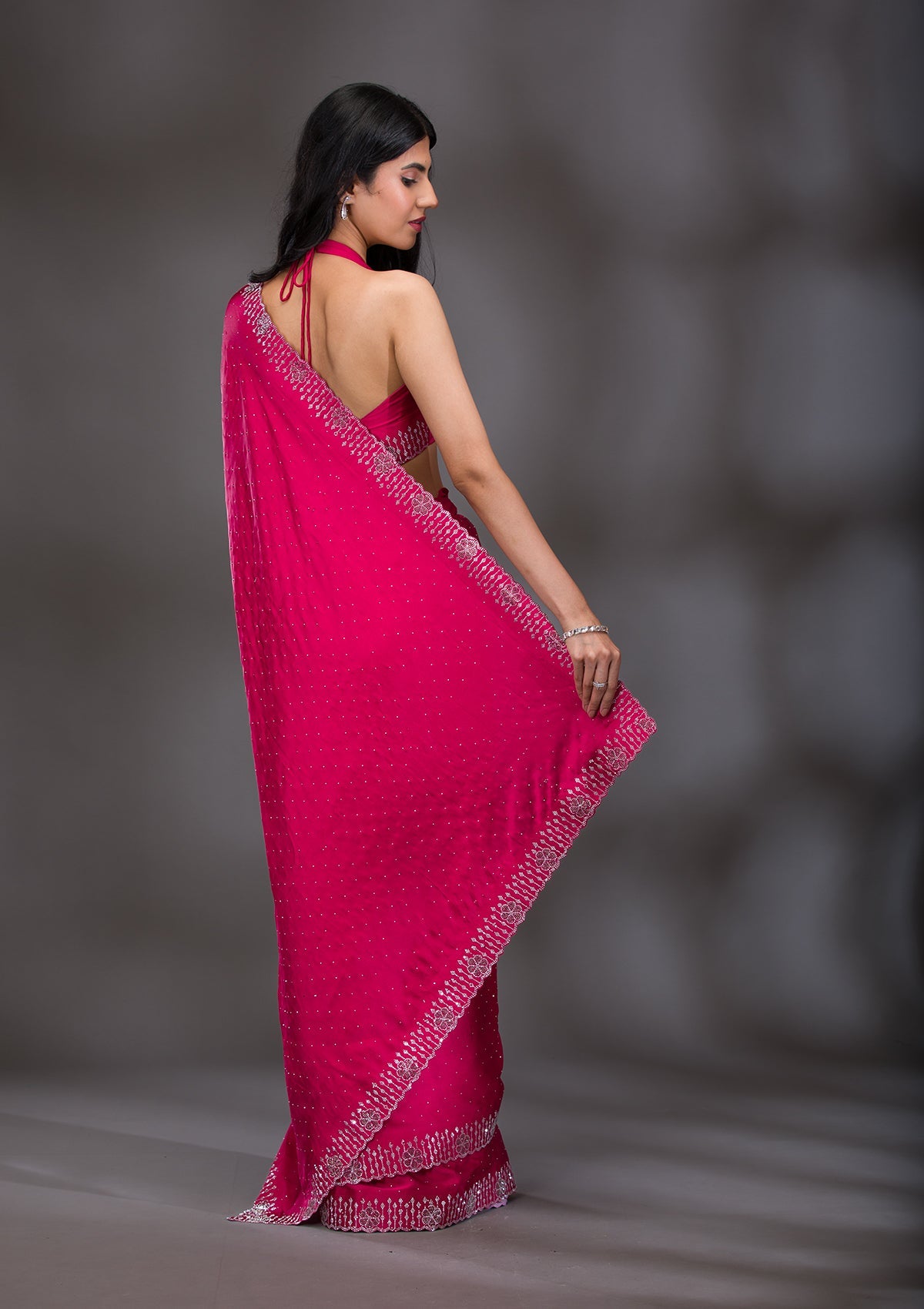 Rani Pink Swarovski Satin Saree-Koskii