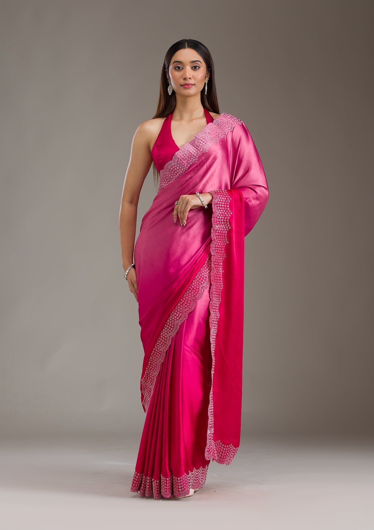 Rani Pink Swarovski Satin Saree-Koskii