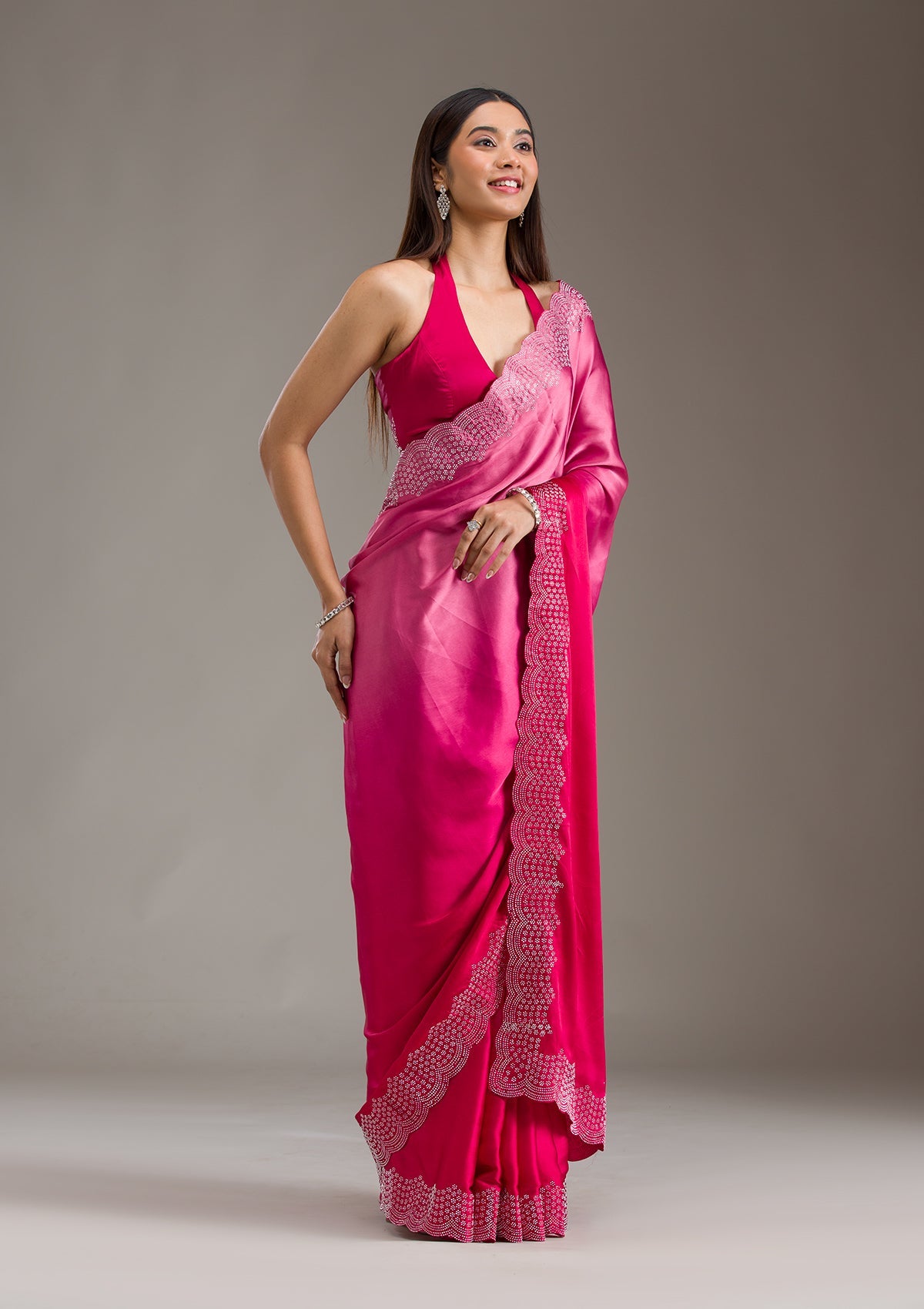 Rani Pink Swarovski Satin Saree-Koskii