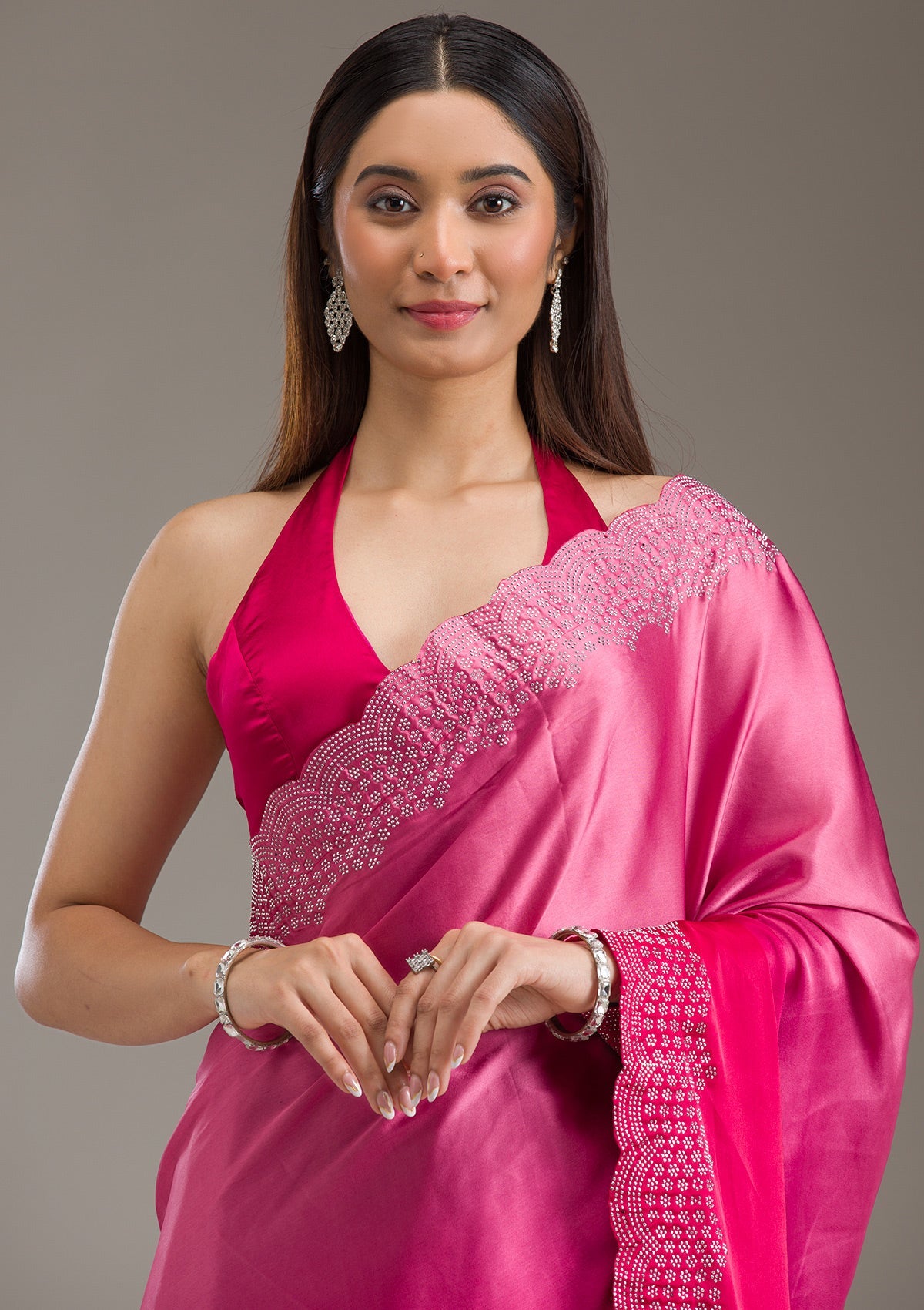 Rani Pink Swarovski Satin Saree-Koskii