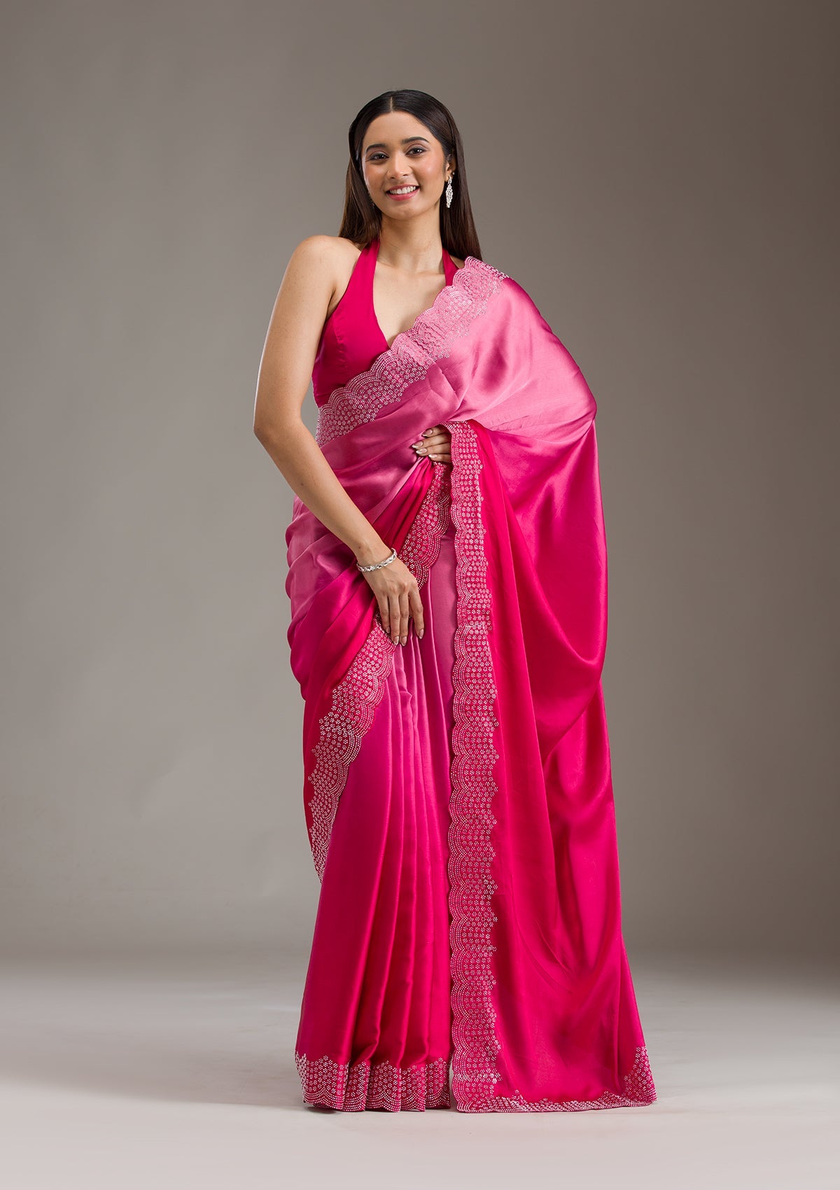 Rani Pink Swarovski Satin Saree-Koskii