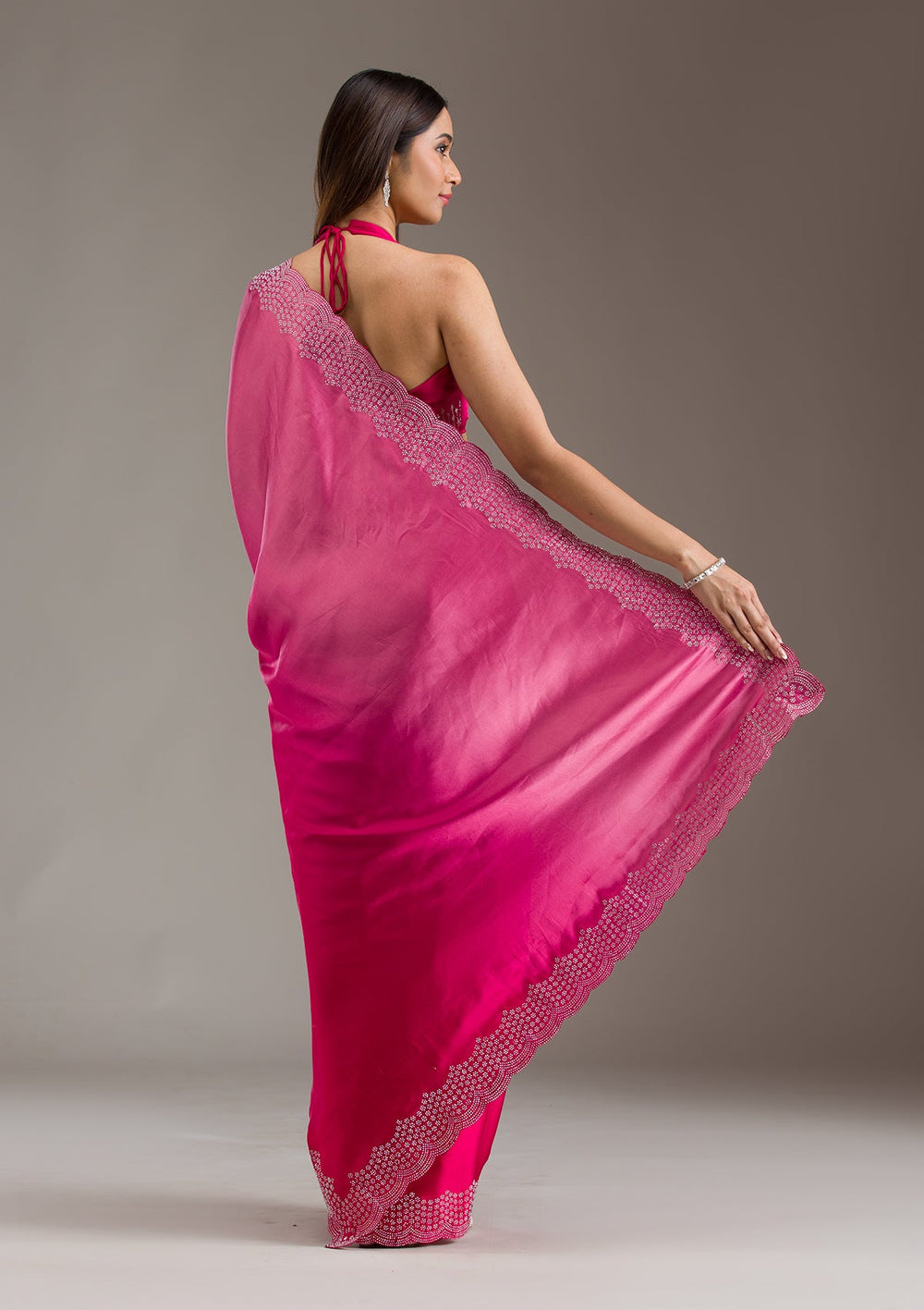 Rani Pink Swarovski Satin Saree-Koskii