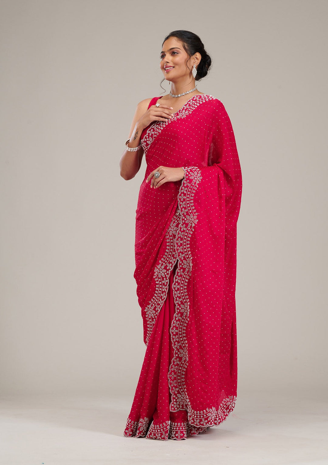 Rani Pink Swarovski Satin Saree-Koskii