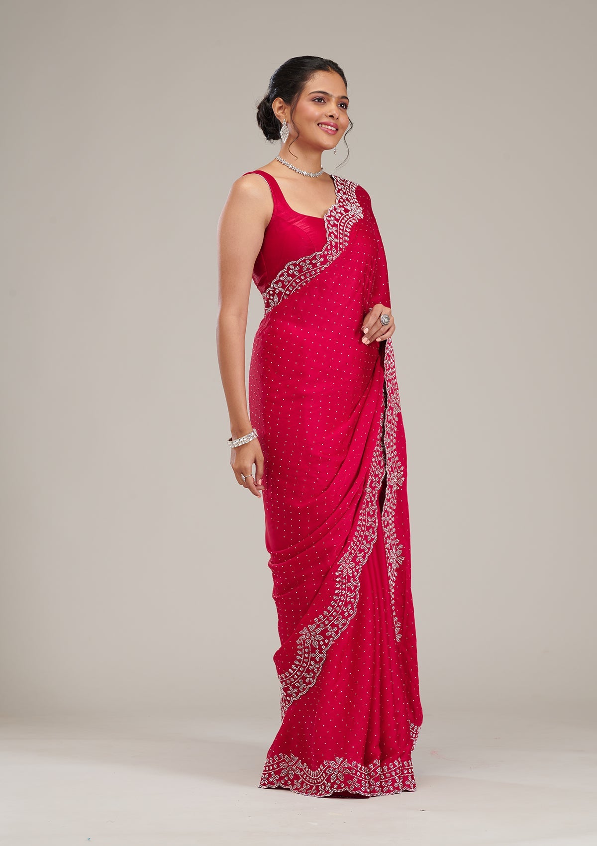 Rani Pink Swarovski Satin Saree-Koskii