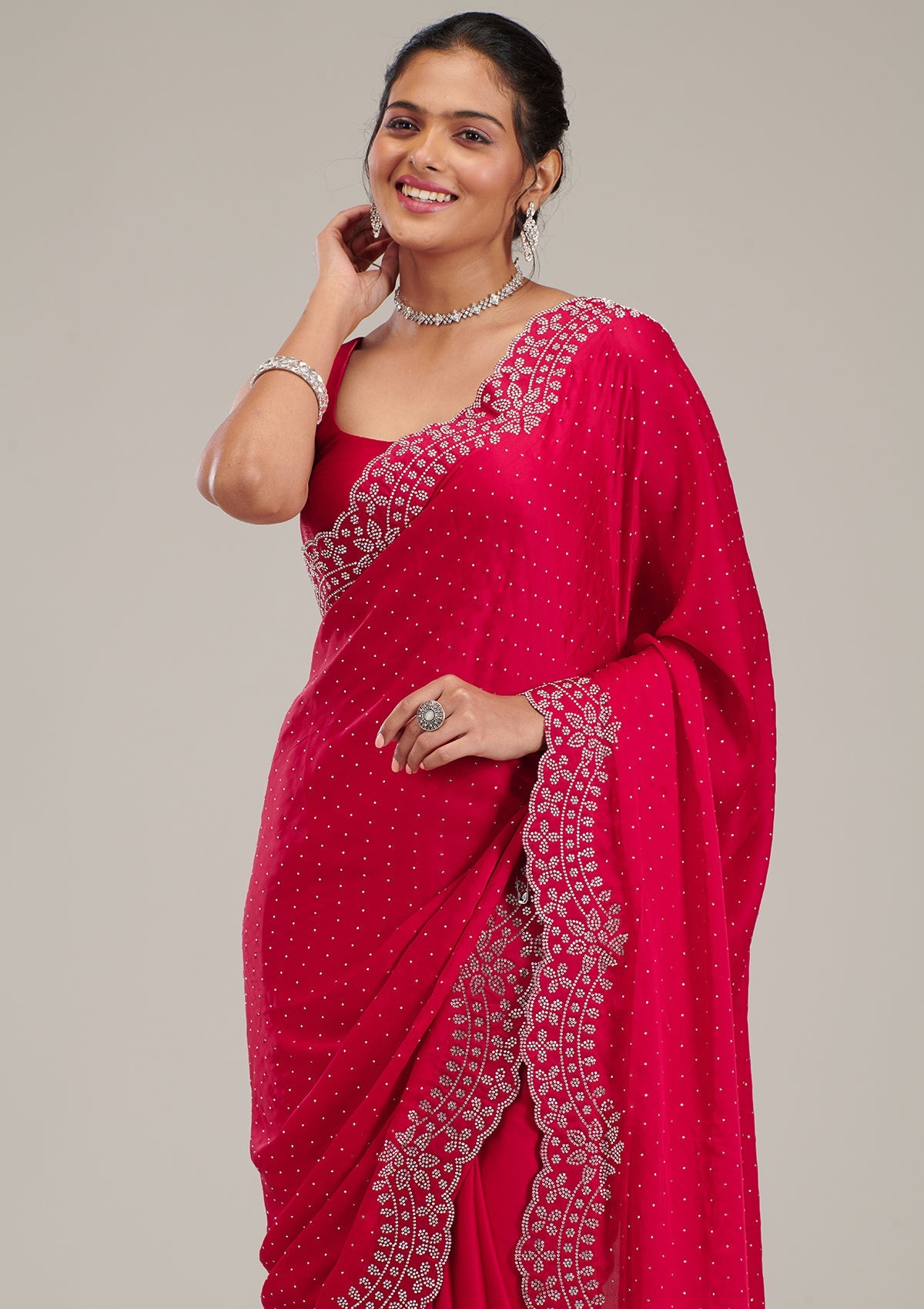 Rani Pink Swarovski Satin Saree-Koskii