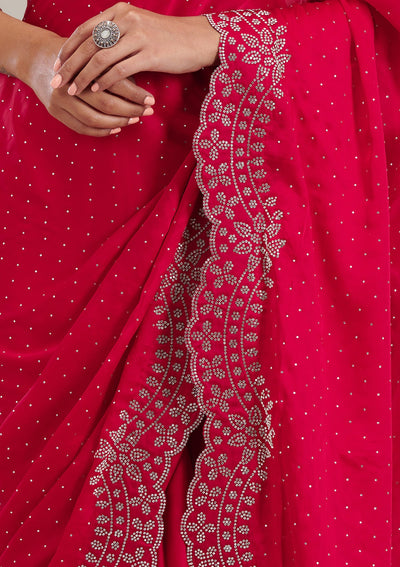 Rani Pink Swarovski Satin Saree-Koskii