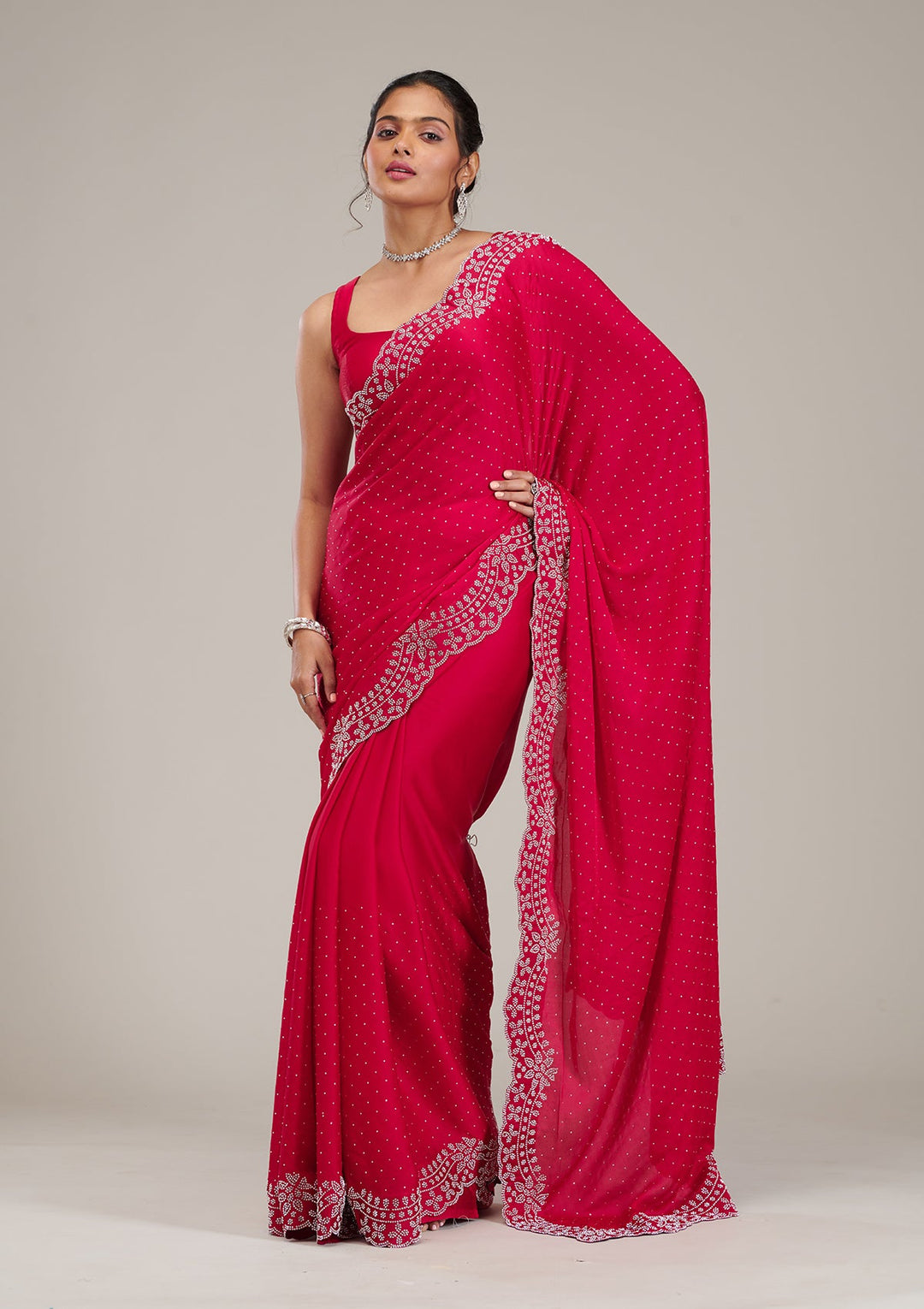 Rani Pink Swarovski Satin Saree-Koskii