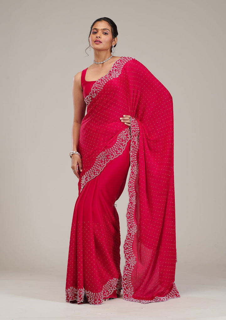 Rani Pink Swarovski Satin Saree-Koskii