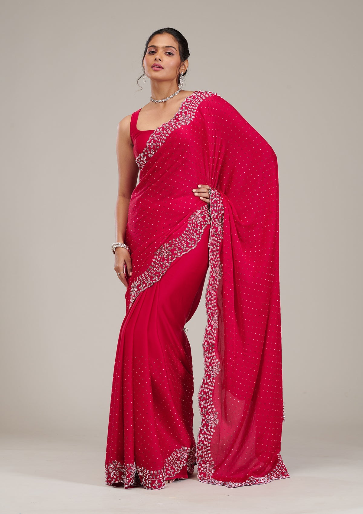 Rani Pink Swarovski Satin Saree-Koskii