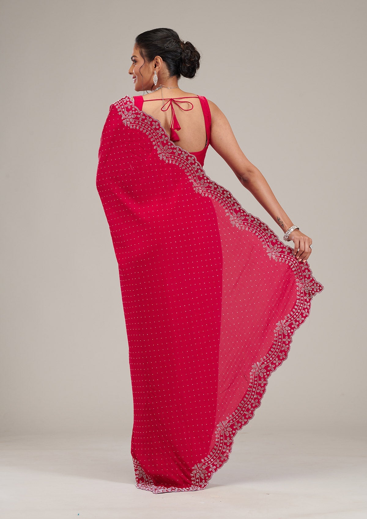 Rani Pink Swarovski Satin Saree-Koskii