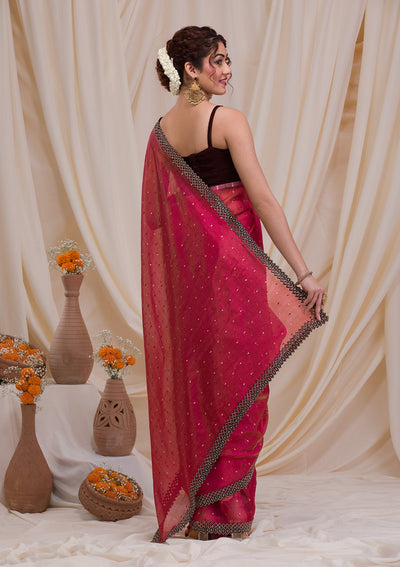 Rani Pink Swarovski Tissue Saree-Koskii