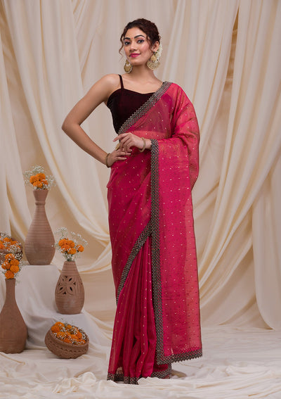 Rani Pink Swarovski Tissue Saree-Koskii