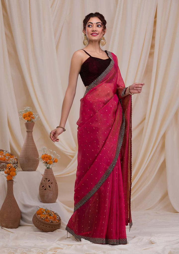 Rani Pink Swarovski Tissue Saree-Koskii