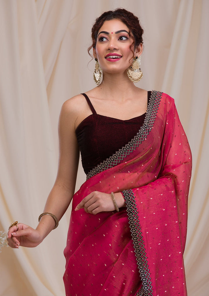 Rani Pink Swarovski Tissue Saree-Koskii