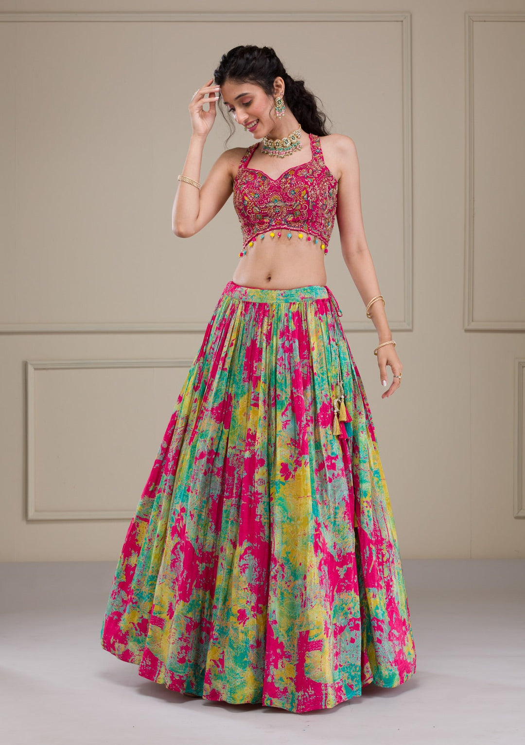 Rani Pink Threadwork Georgette Readymade Lehenga-Koskii