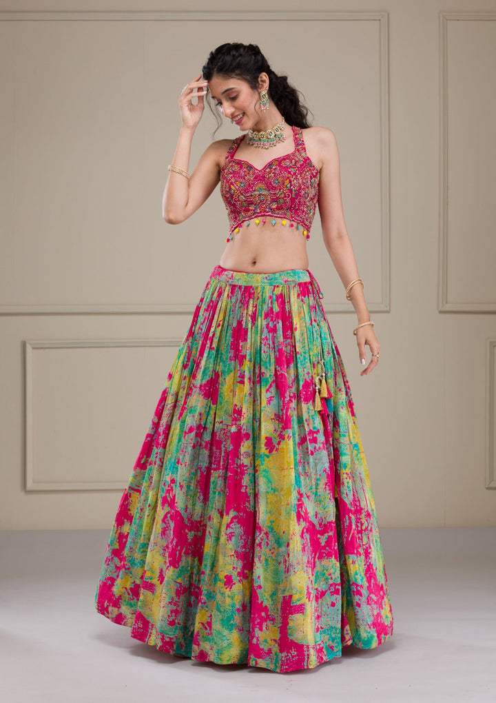 Rani Pink Threadwork Georgette Readymade Lehenga-Koskii