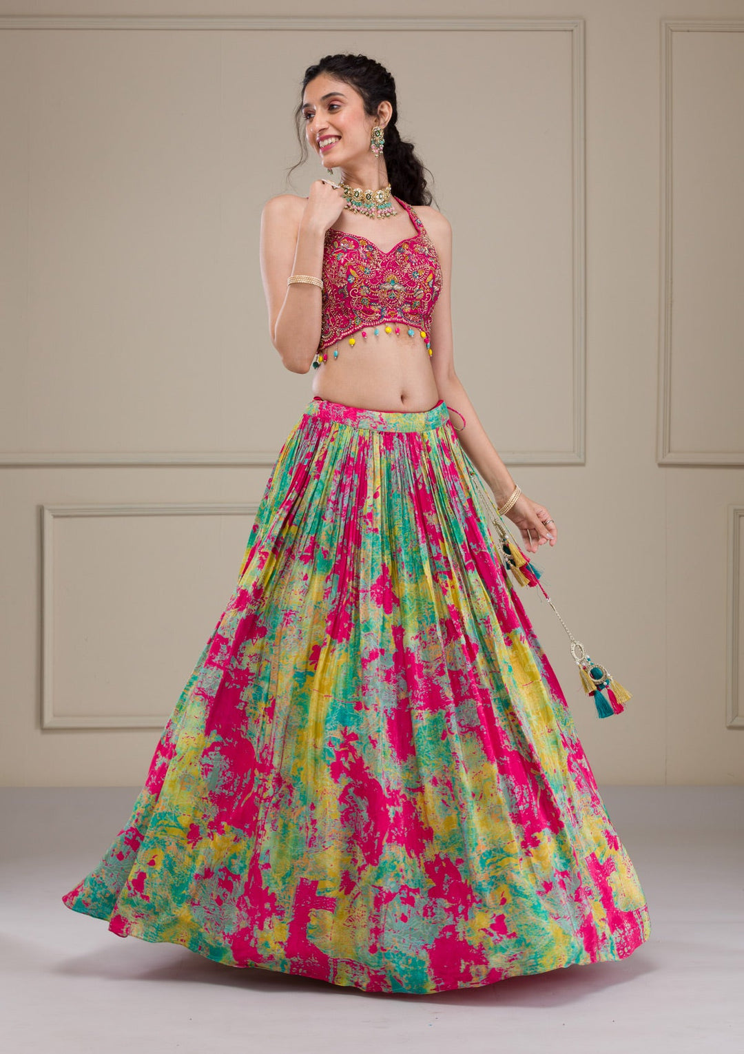 Rani Pink Threadwork Georgette Readymade Lehenga-Koskii