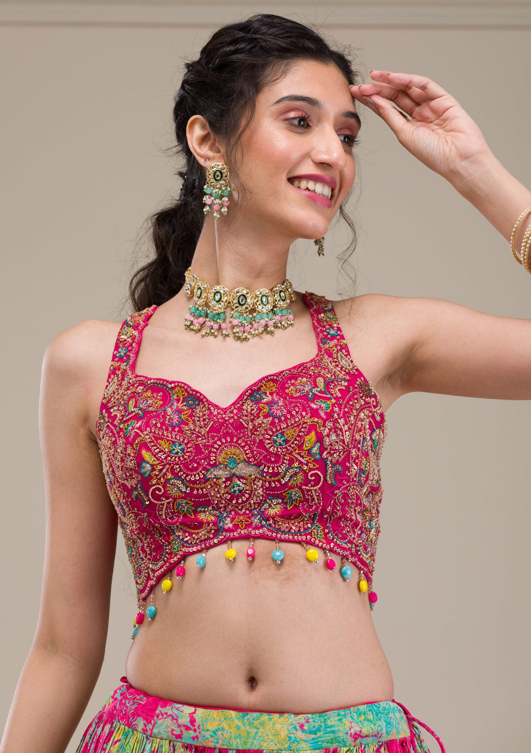 Rani Pink Threadwork Georgette Readymade Lehenga-Koskii