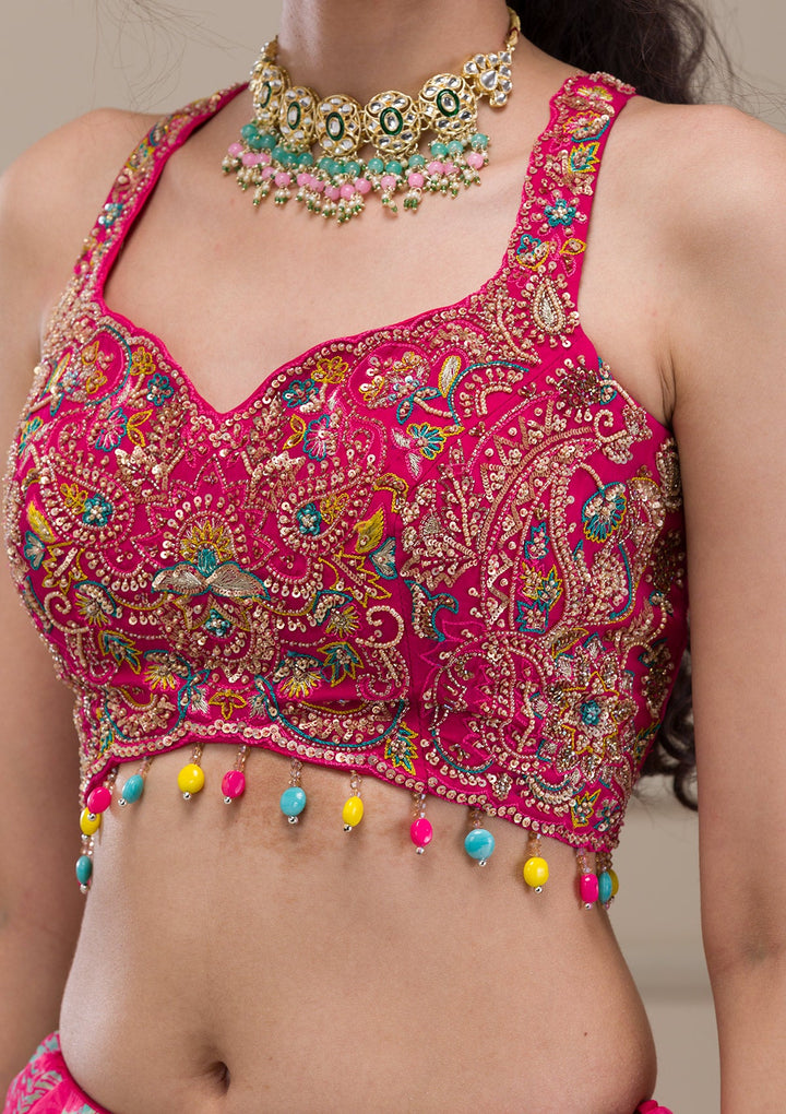 Rani Pink Threadwork Georgette Readymade Lehenga-Koskii