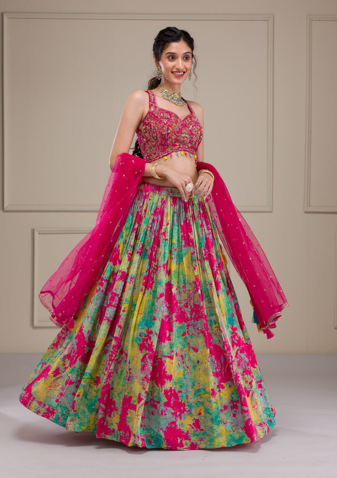Rani Pink Threadwork Georgette Readymade Lehenga-Koskii