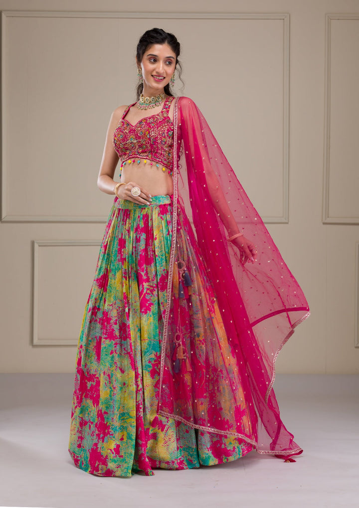 Rani Pink Threadwork Georgette Readymade Lehenga-Koskii