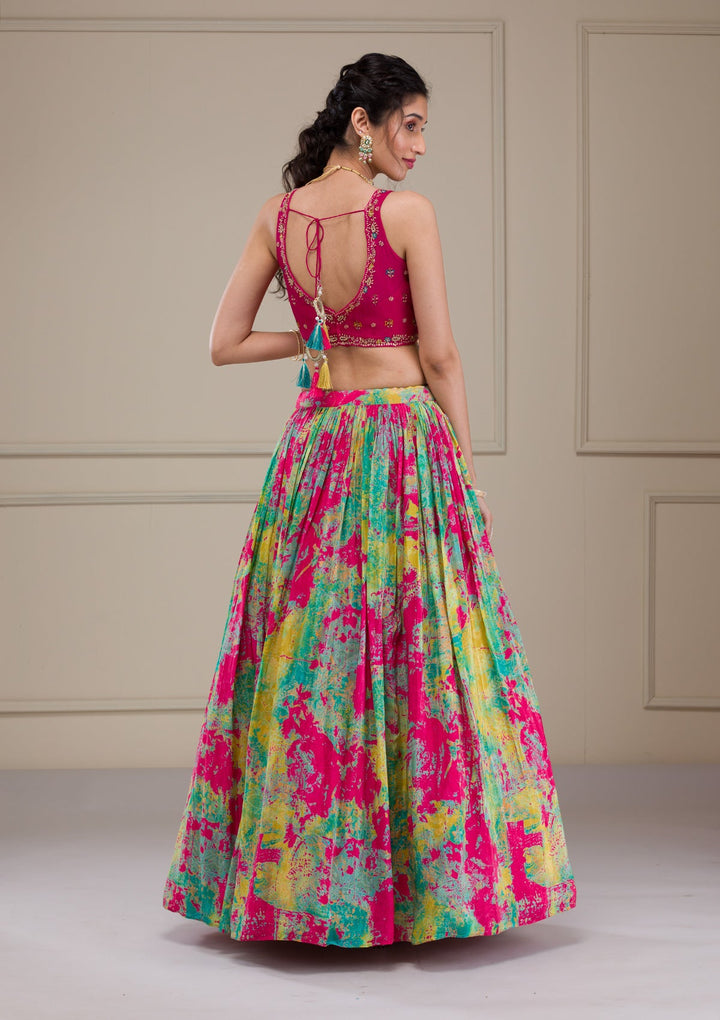 Rani Pink Threadwork Georgette Readymade Lehenga-Koskii