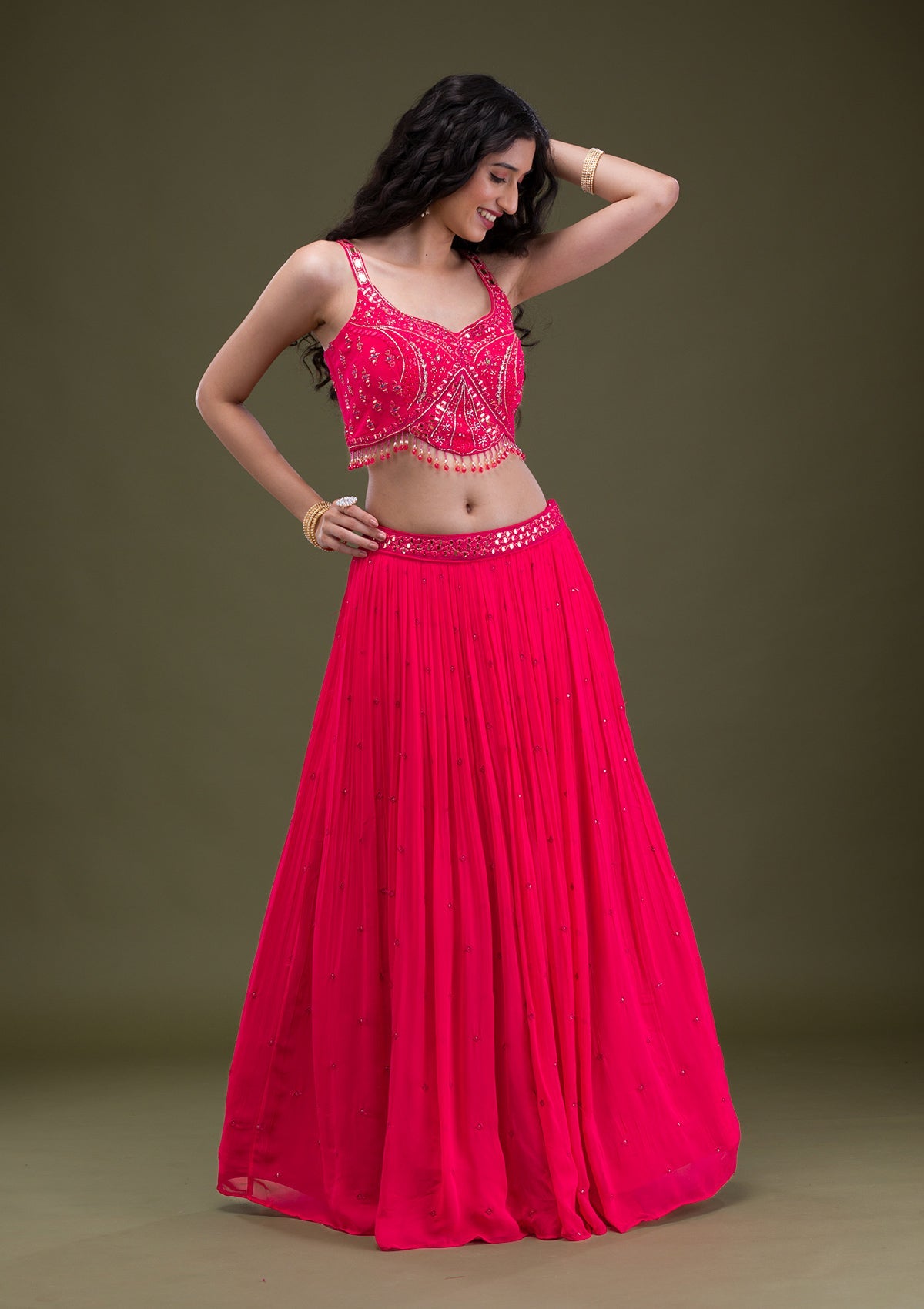 Rani Pink Threadwork Georgette Readymade Salwar Suit-Koskii