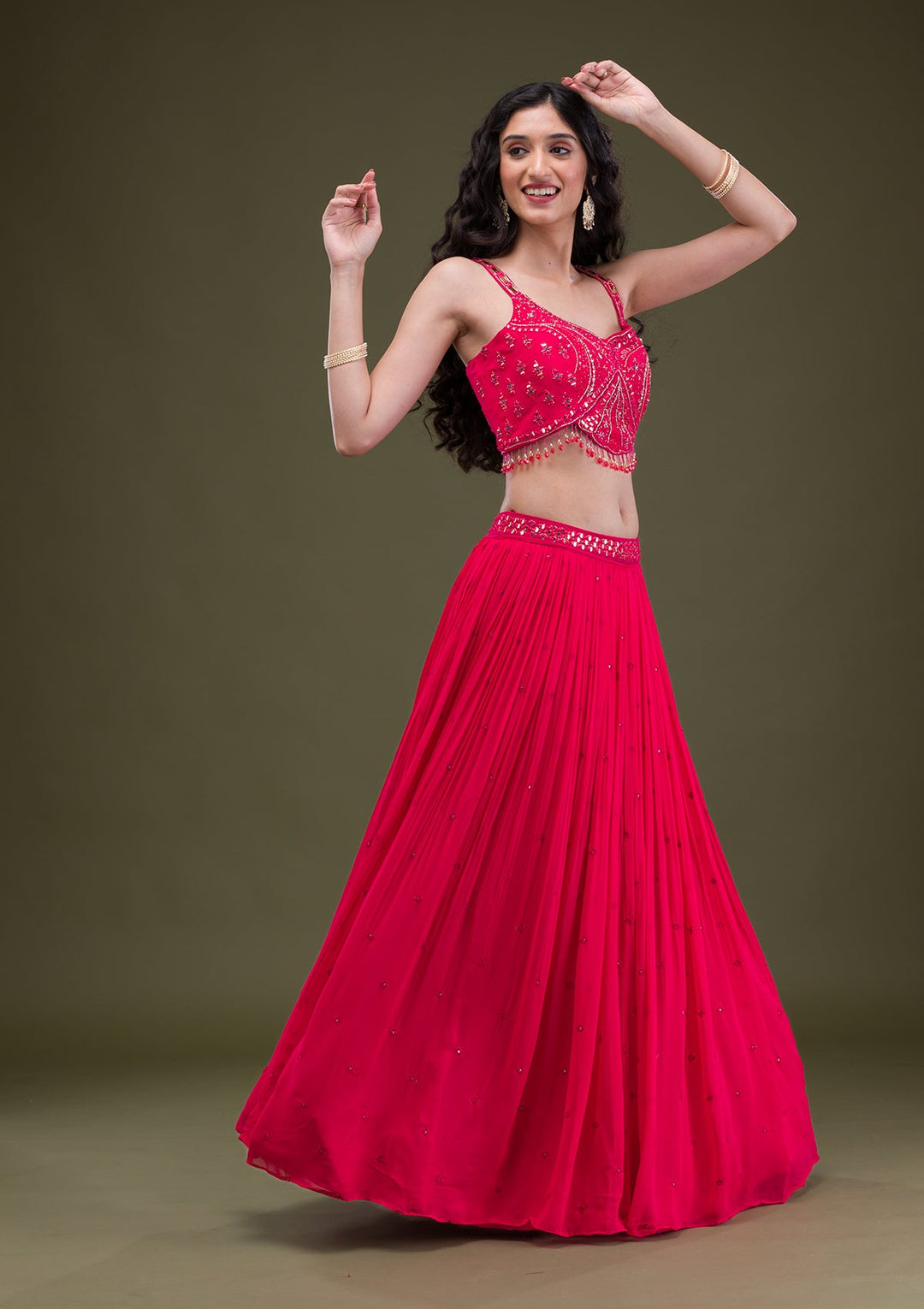 Rani Pink Threadwork Georgette Readymade Salwar Suit-Koskii