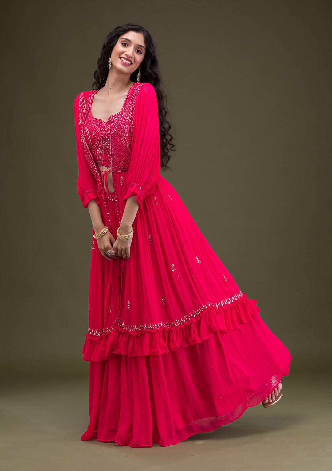 Rani Pink Threadwork Georgette Readymade Salwar Suit-Koskii