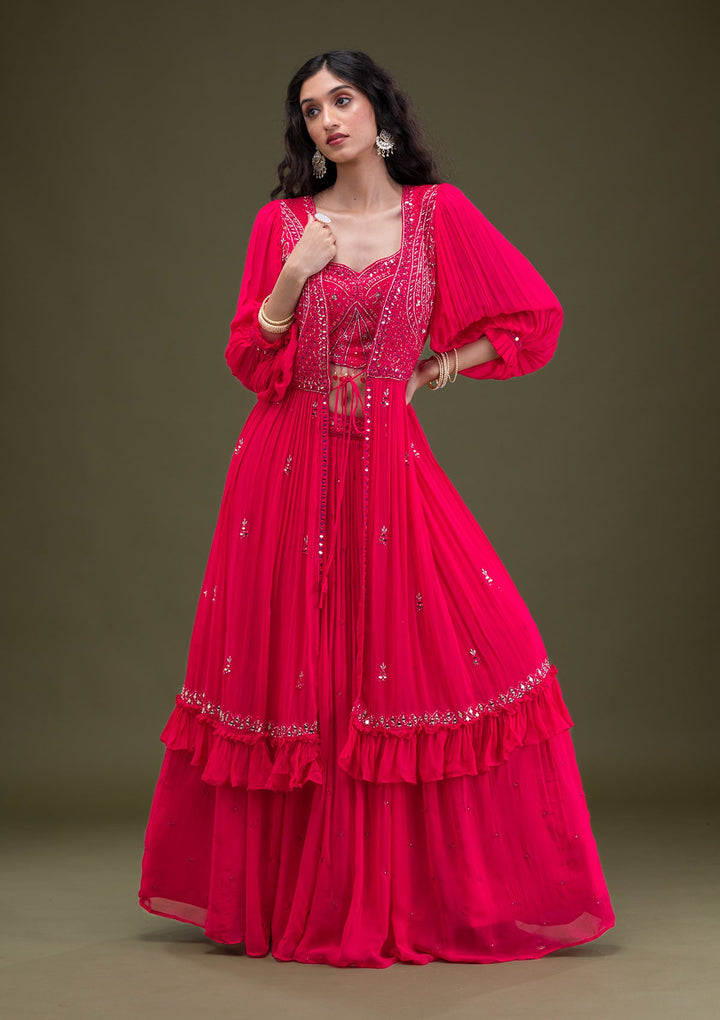 Rani Pink Threadwork Georgette Readymade Salwar Suit-Koskii