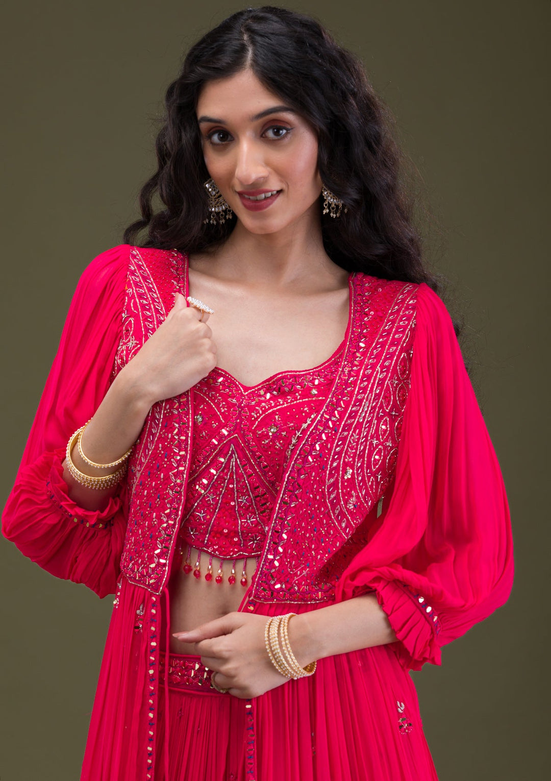Rani Pink Threadwork Georgette Readymade Salwar Suit-Koskii