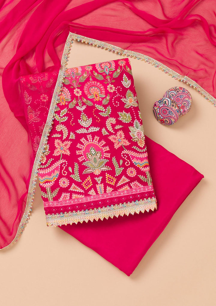 Rani Pink Threadwork Georgette Unstitched Salwar Suit-Koskii