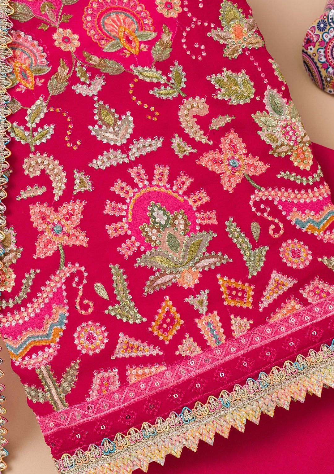 Rani Pink Threadwork Georgette Unstitched Salwar Suit-Koskii