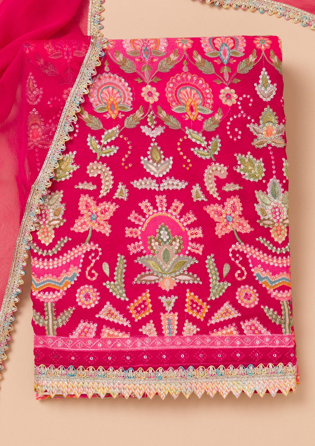 Rani Pink Threadwork Georgette Unstitched Salwar Suit-Koskii