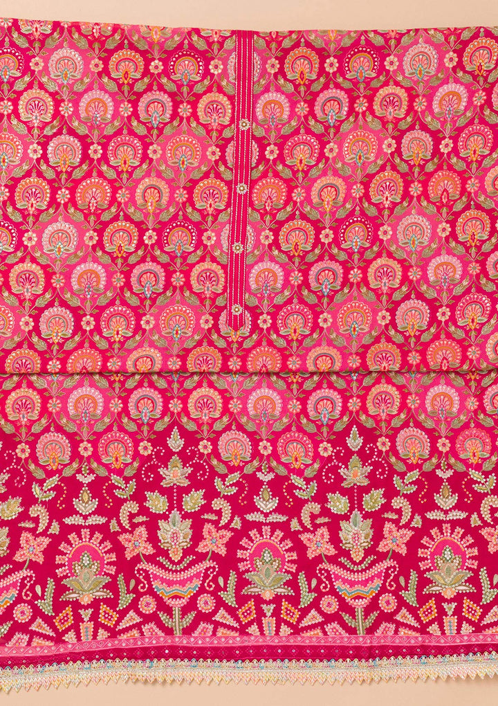 Rani Pink Threadwork Georgette Unstitched Salwar Suit-Koskii