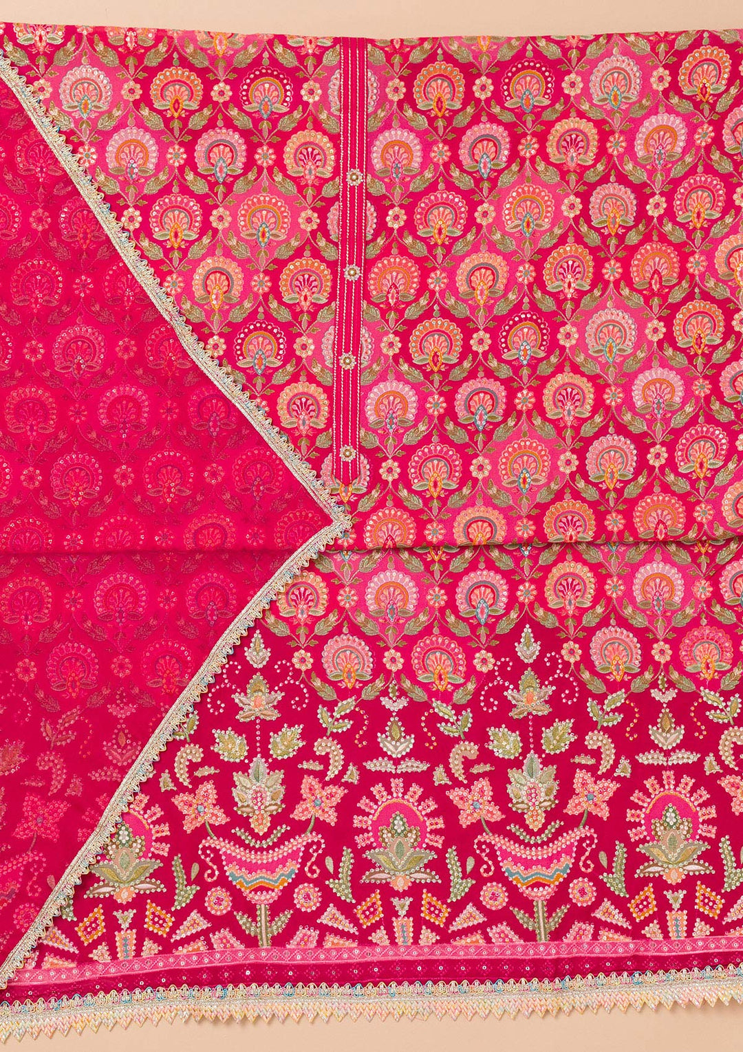 Rani Pink Threadwork Georgette Unstitched Salwar Suit-Koskii