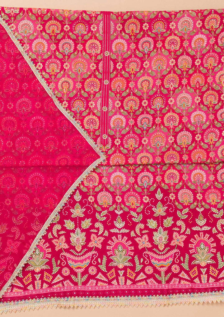 Rani Pink Threadwork Georgette Unstitched Salwar Suit-Koskii