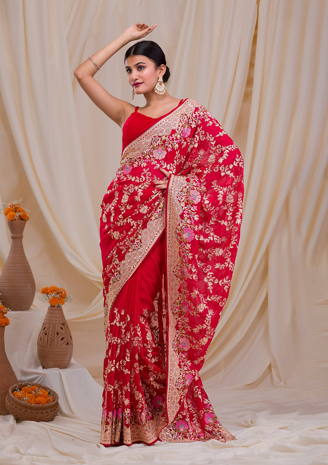 Rani Pink Threadwork Georgette Saree-Koskii