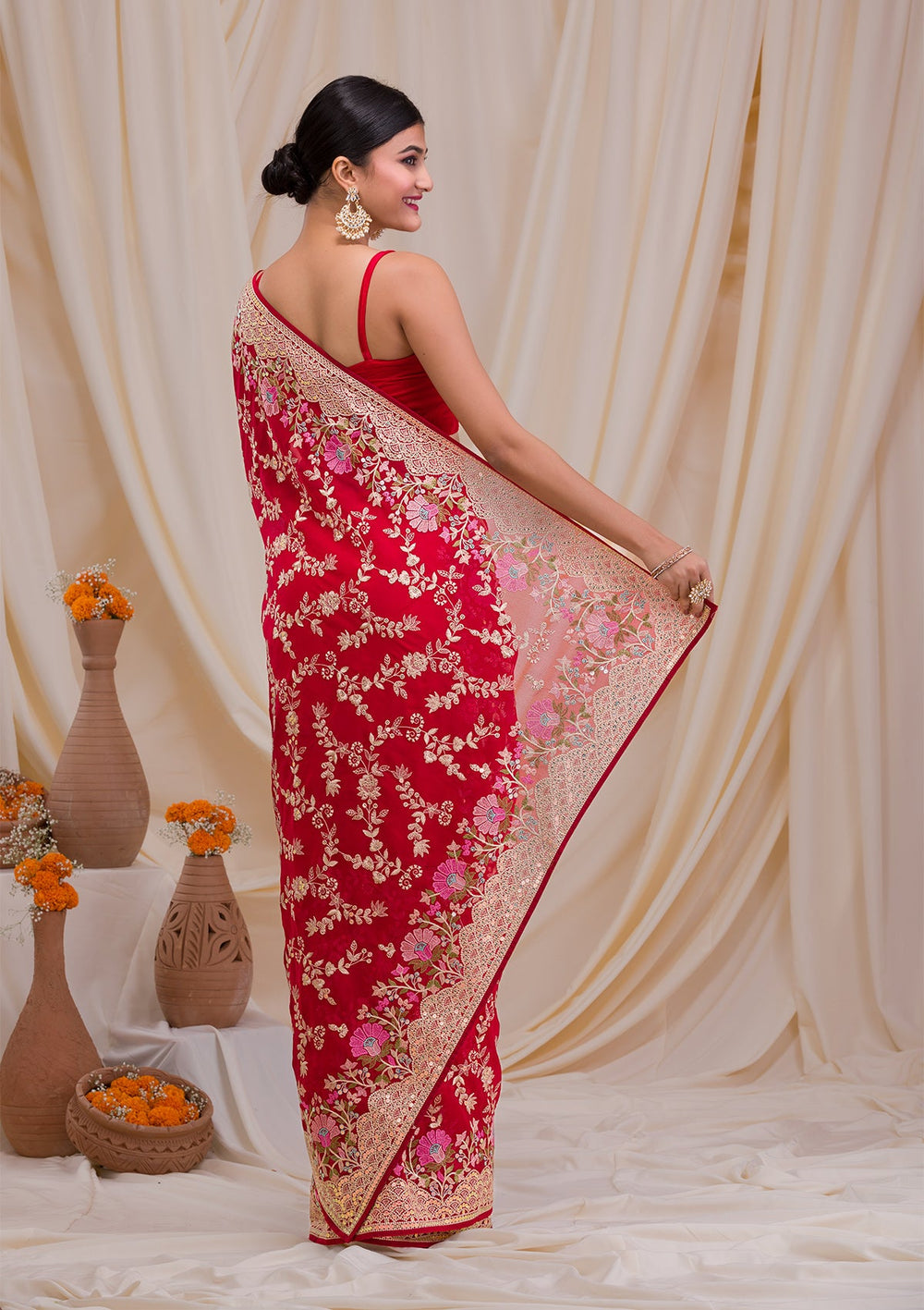 Rani Pink Threadwork Georgette Saree-Koskii