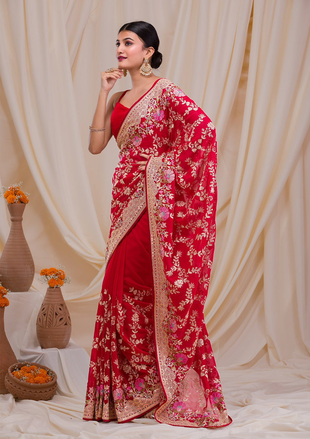 Rani Pink Threadwork Georgette Saree-Koskii