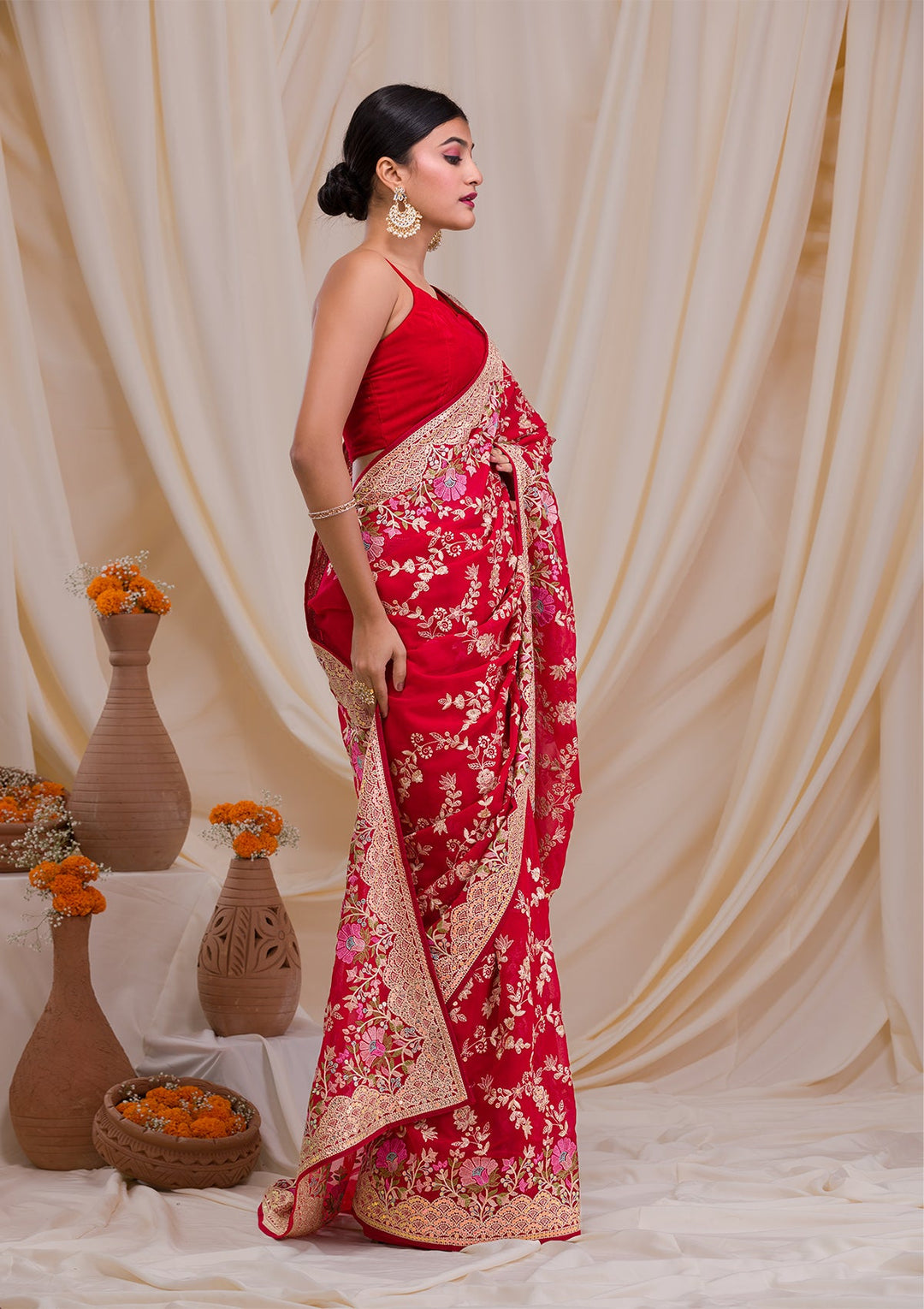 Rani Pink Threadwork Georgette Saree-Koskii