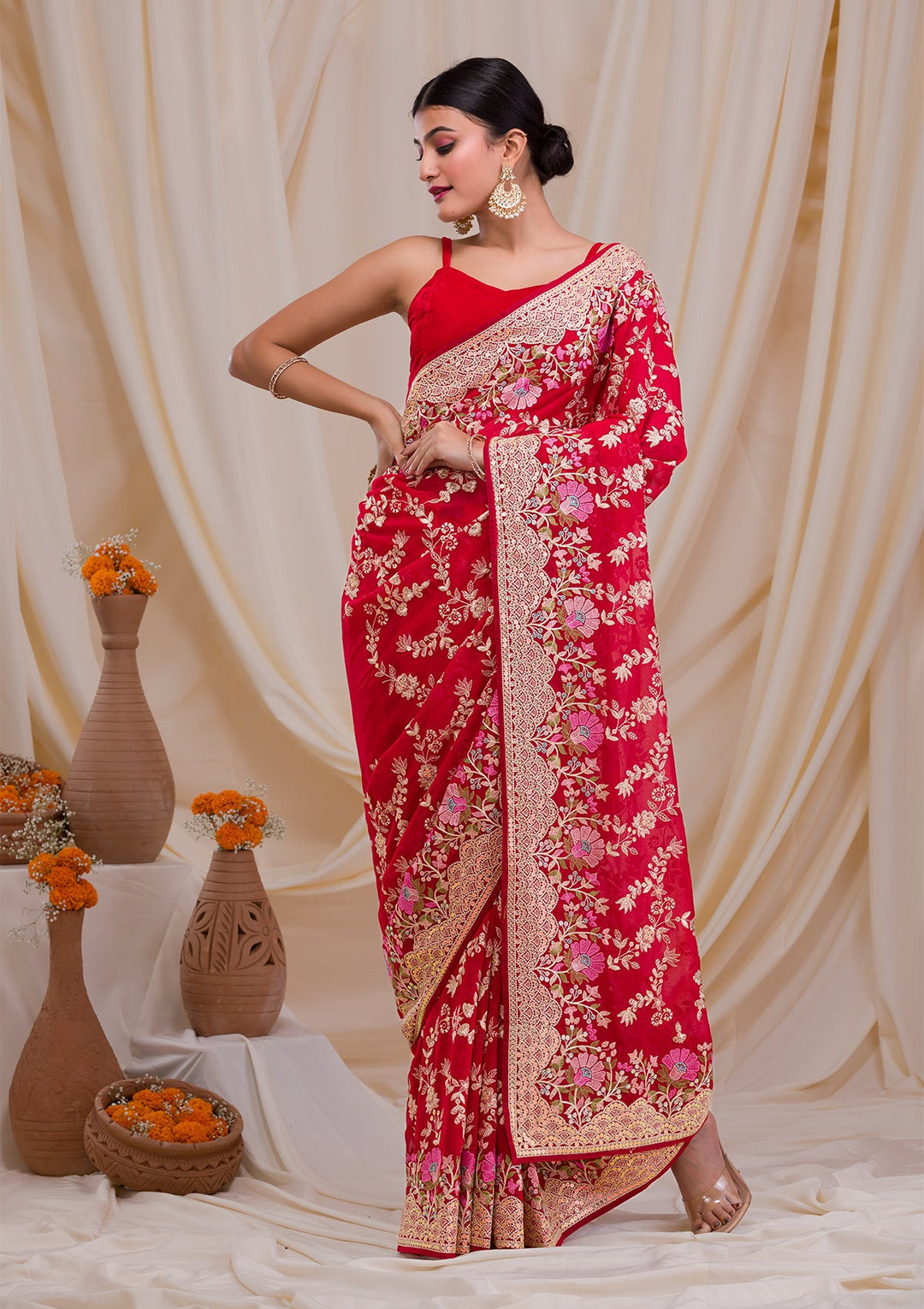 Rani Pink Threadwork Georgette Saree-Koskii