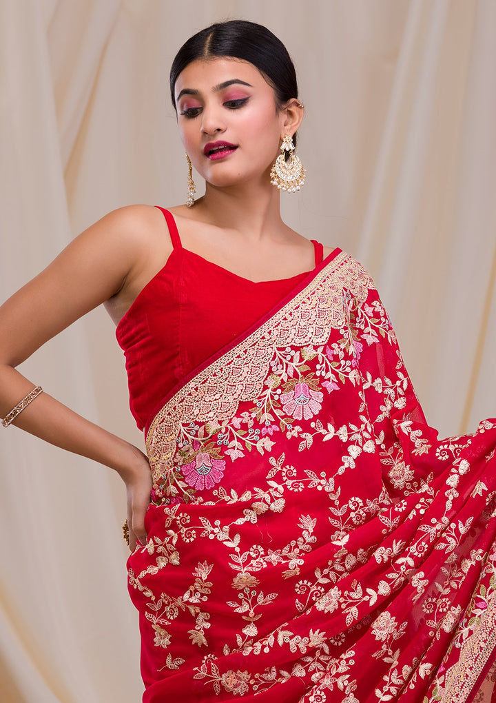 Rani Pink Threadwork Georgette Saree-Koskii