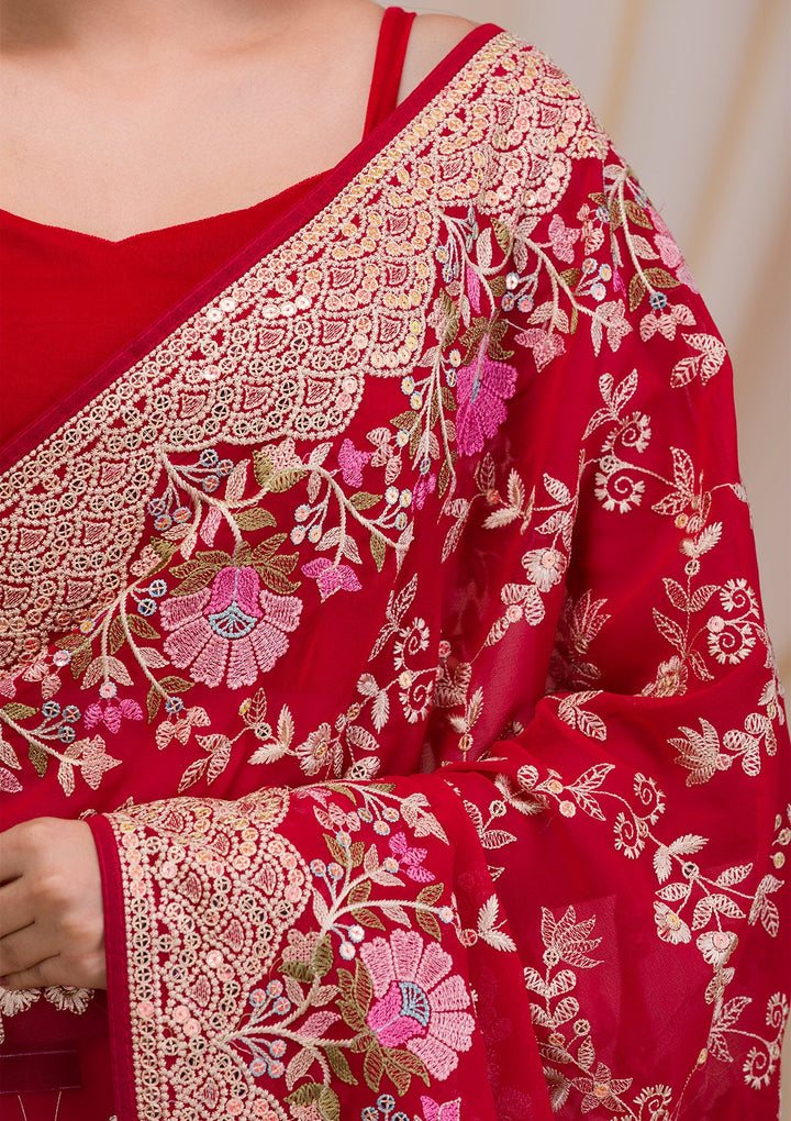 Rani Pink Threadwork Georgette Saree-Koskii