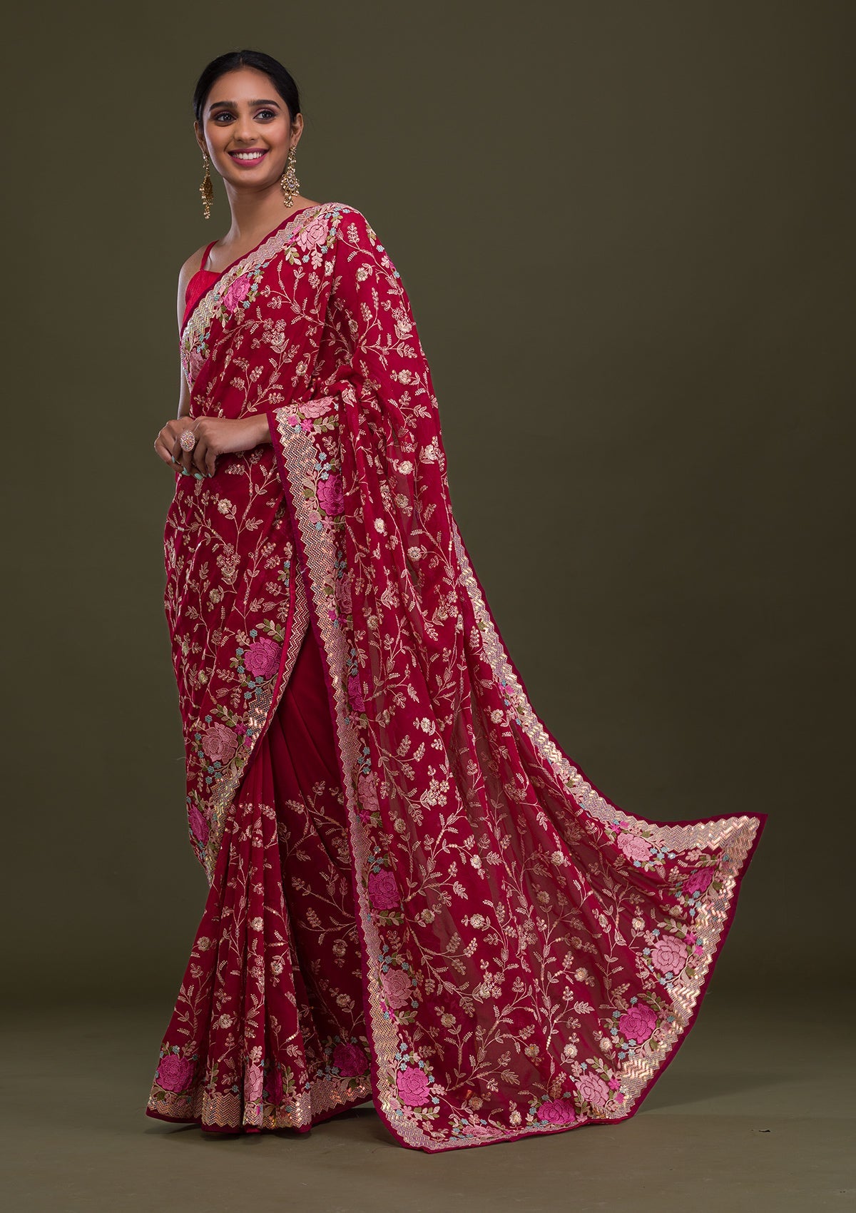 Rani Pink Threadwork Georgette Saree-Koskii