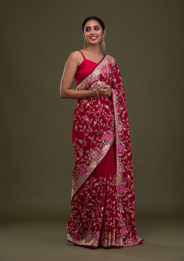 Rani Pink Threadwork Georgette Saree-Koskii