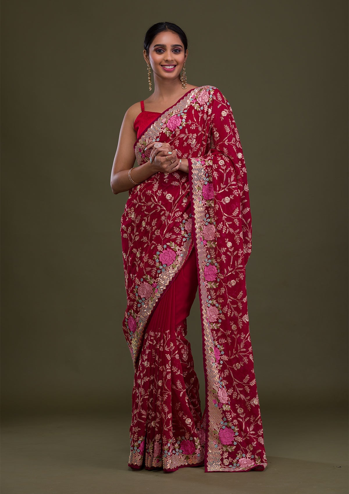 Rani Pink Threadwork Georgette Saree-Koskii